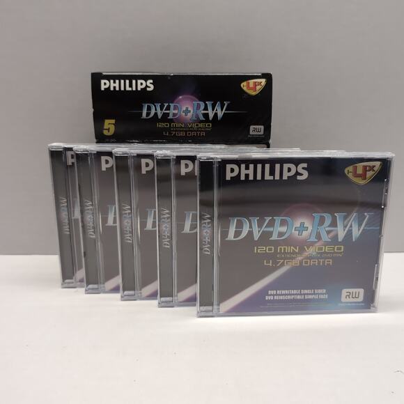 Philips DVD+RW 4.7GB 120 Minute 5 Pack Recordable Disks 1-4X Speed Sealed - Picture 1 of 12